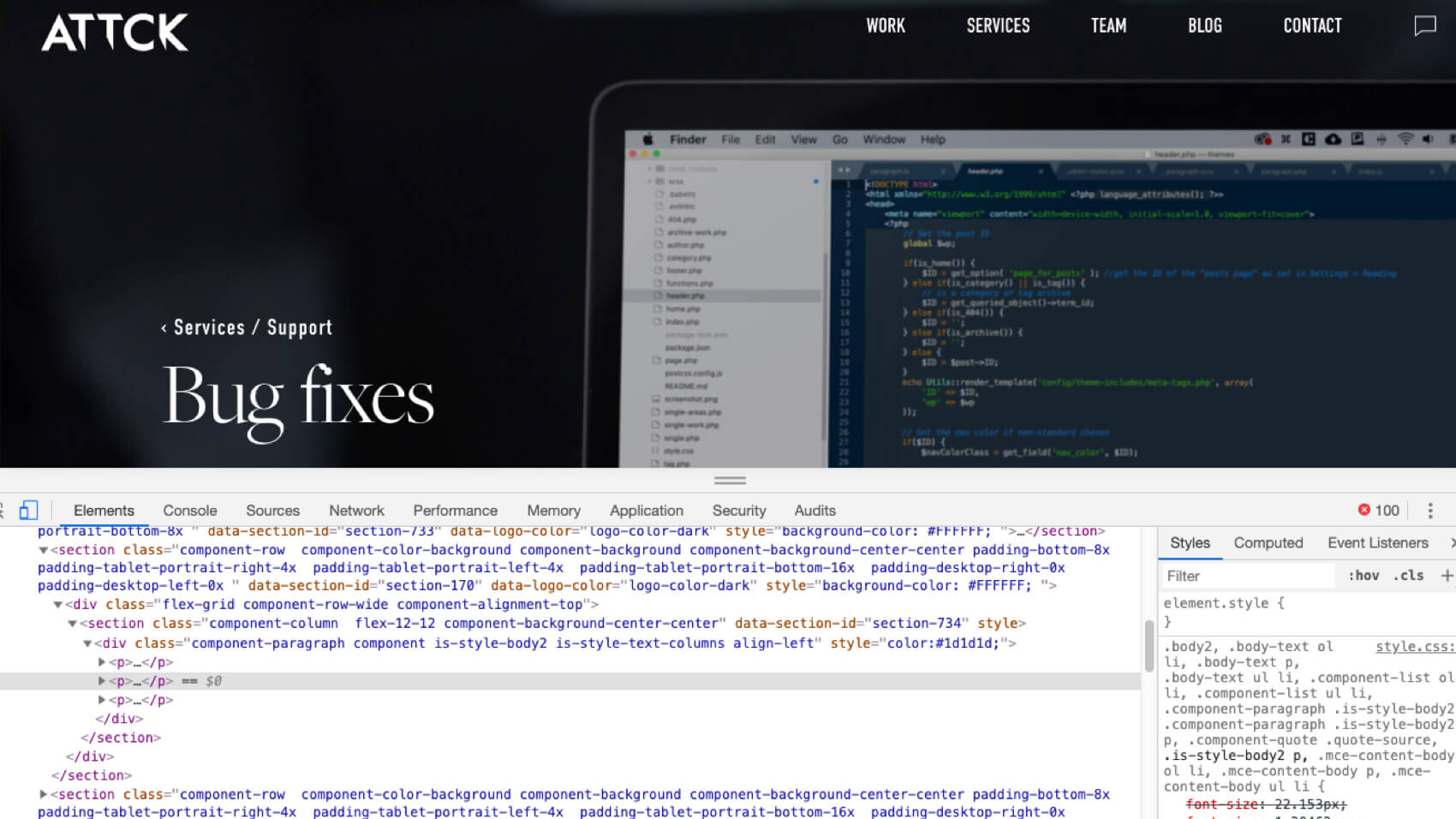 Screenshot of source code for Bug fixes page on attck.com