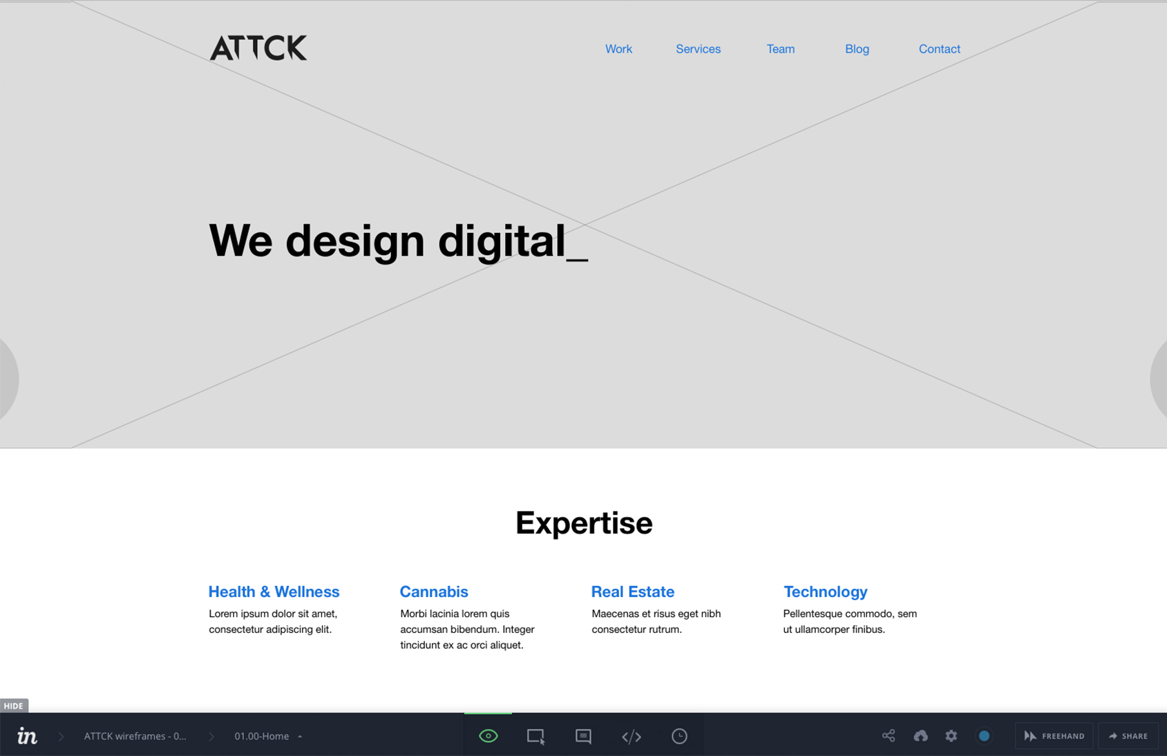 Wireframe example for ATTCK.com. Home page